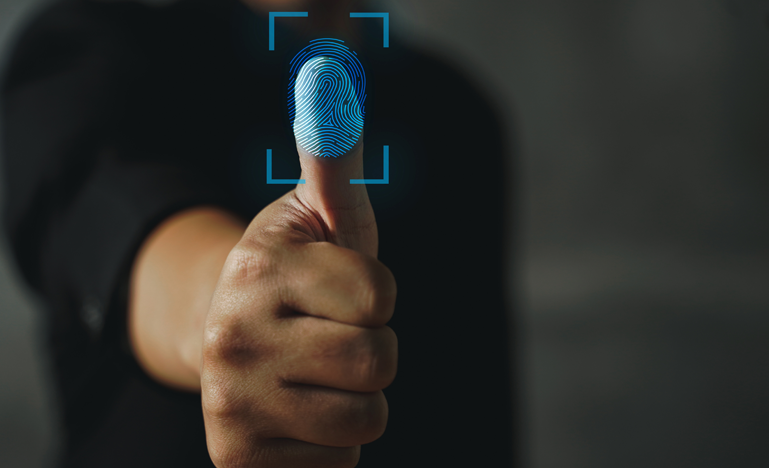 A person displaying a thumbprint scan for biometric authentication with futuristic blue scanning graphics.