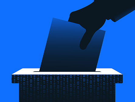 Hand putting ballot paper in a box with binary code