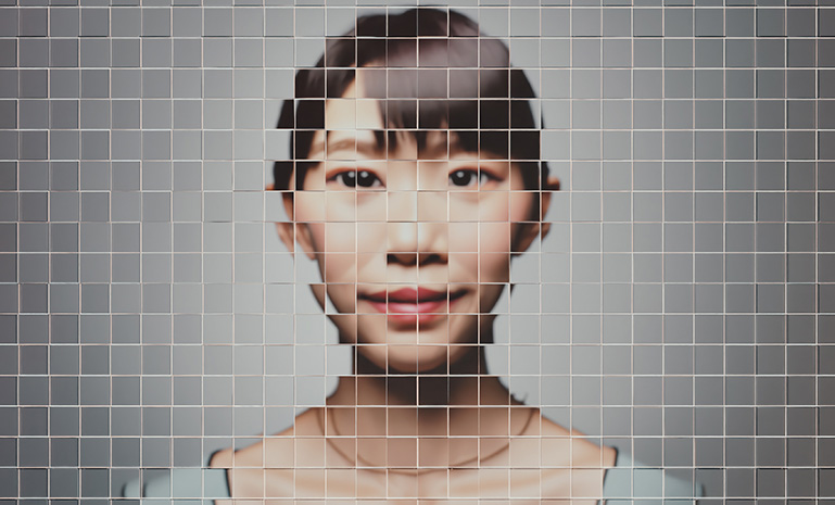 Broken image, diffracted through pixelated glass