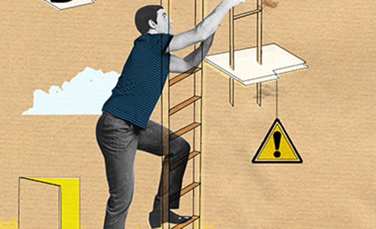 Person climbing ladder in sky