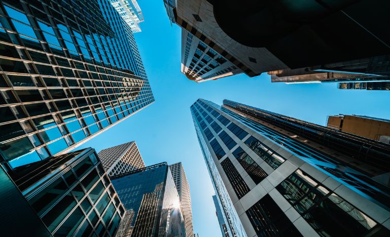 Skyscrapers against a blue sky