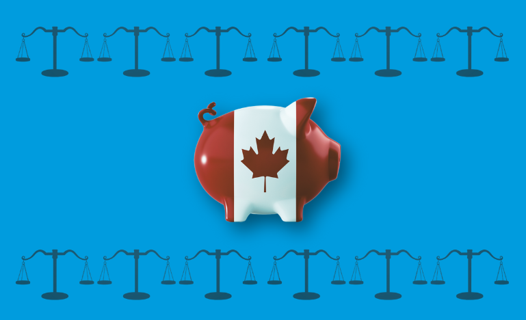 Candian piggybank on scales of justice backdrop
