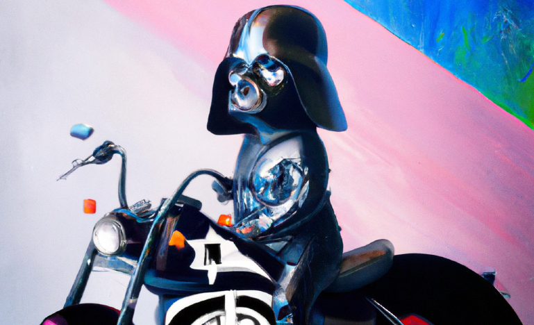 Generative AI artwork of a Warhol painting of Baby Darth Vader on a Harley by DALL-E