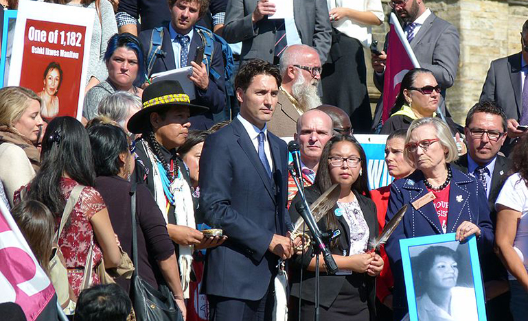 Prime Minister Justin Trudeau, giving a speech on missing and murdered indigenous women in front of parliament