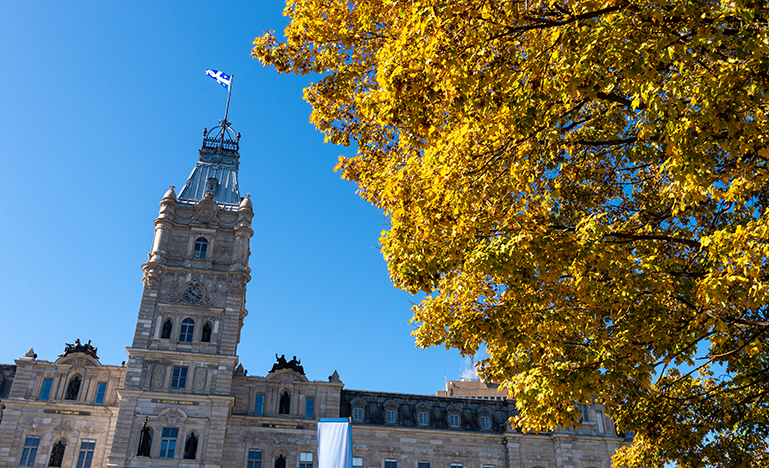 Historic stone building with a tall clock tower and a flag atop, set against a clear blue sky. A vibrant tree with golden autumn leaves fills the right side.