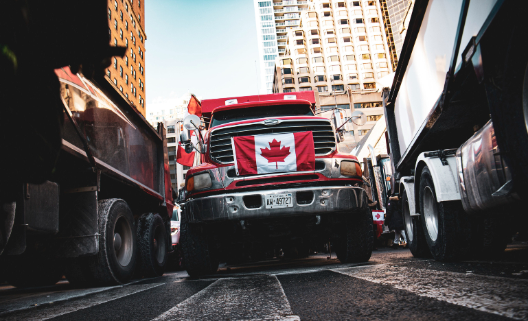 Trucks from protest