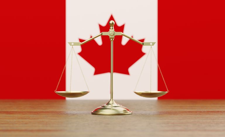 Canadian flag and scales of justice