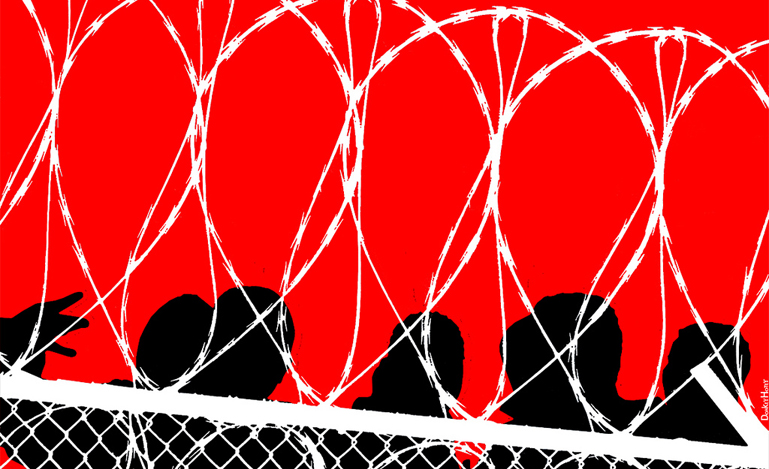Graphic of people behind barbed wire fence