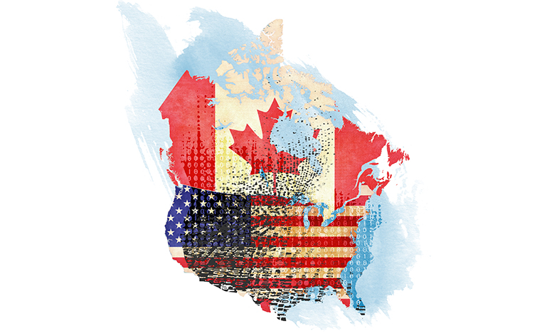 Artistic map of North America with Canada's flag overlaying Canada and the U.S. flag overlaying the U.S., both depicted through digital code patterns.