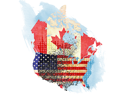Artistic map of North America with Canada's flag overlaying Canada and the U.S. flag overlaying the U.S., both depicted through digital code patterns.