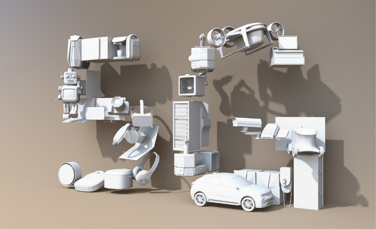 Smart appliances, drone, autonomous vehicle and robot arranged in '5G' text