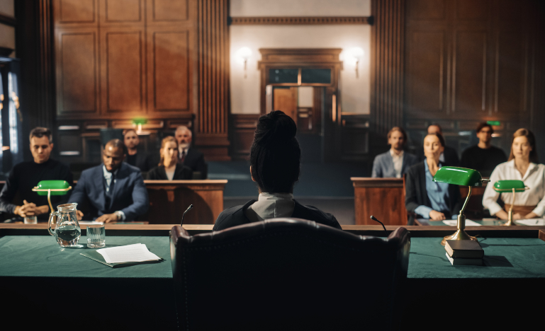 Judge looking on to her courtroom