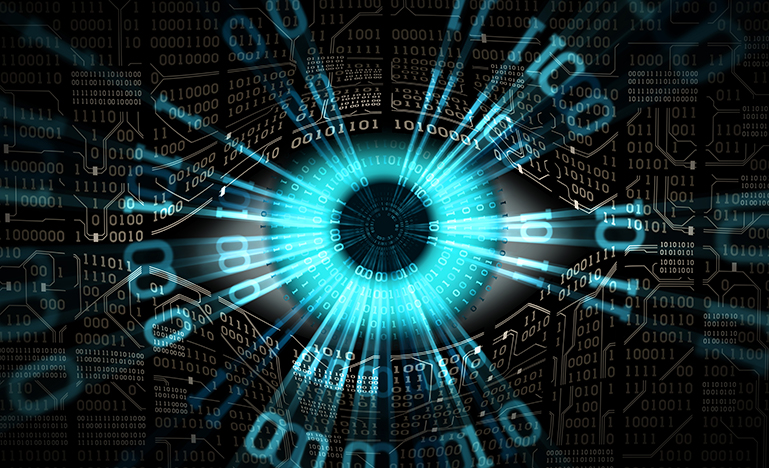 A glowing blue eye composed of binary code radiates digital beams against a dark background filled with numbers, evoking a futuristic, cybernetic theme.