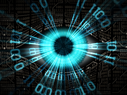A glowing blue eye composed of binary code radiates digital beams against a dark background filled with numbers, evoking a futuristic, cybernetic theme.