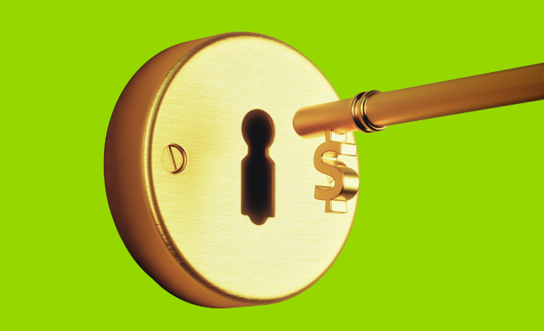 A golden key with a dollar sign handle inserted into a keyhole, symbolizing wealth access or financial security.