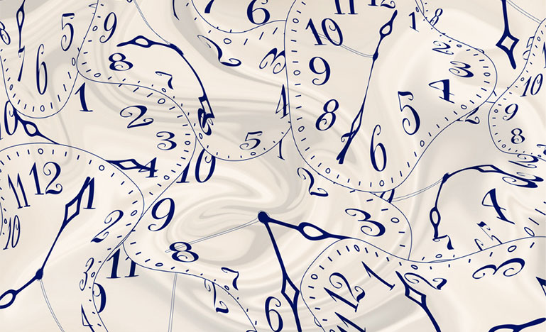 Clocks and clock hands that is pulled / twisted out of a regular shape