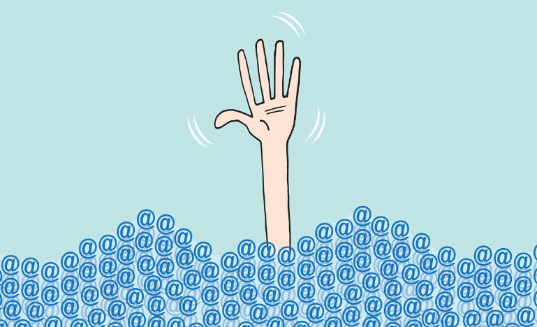 A hand drowning in a sea of emails
