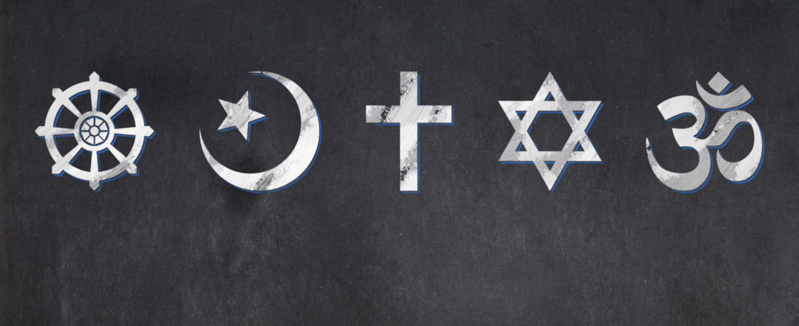 Les symboles religieux du bouddhisme, de l'islam, du christianisme, du judaïsme et de l'hindouisme sur un tableau noir