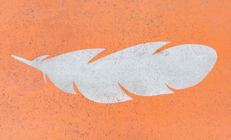 A white feather on an organge background