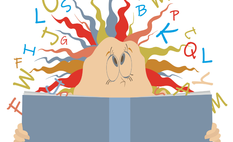 A graphic of a man overwhelmed by the complex language he's trying to read and understand.