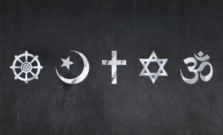 The religious symbols of Buddhism, Islam, Christianity, Judaism, and Hinduism on a blackboard