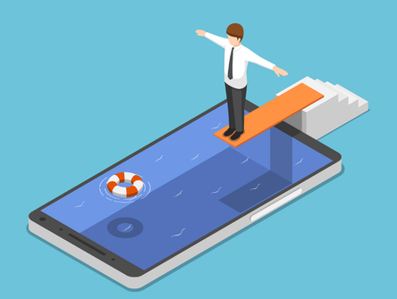 A man on a springboard ready to dive into a technology pool