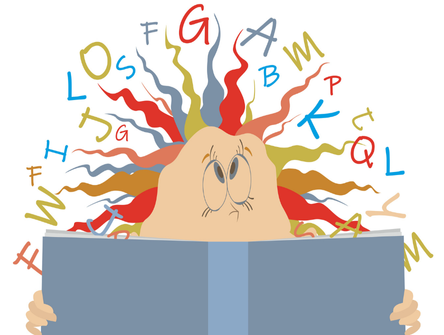 A graphic of a man overwhelmed by the complex language he's trying to read and understand.