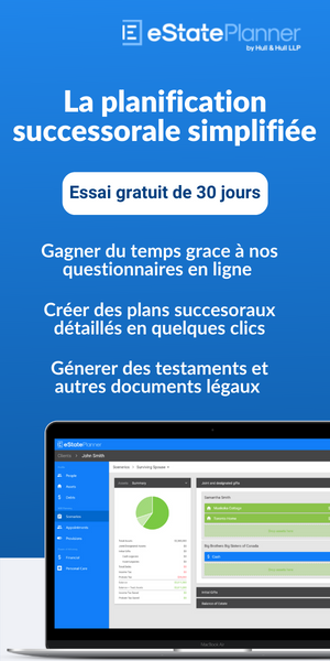 La plaification successorale simplifiée. Essai gratuit de 30 jours. Gagner du temps grace à nos questionnaires en ligne. Créer des plans succesoraux détaillés en quelques clics. Génerer des testaments et autres documents légaux. eStatePlanner
