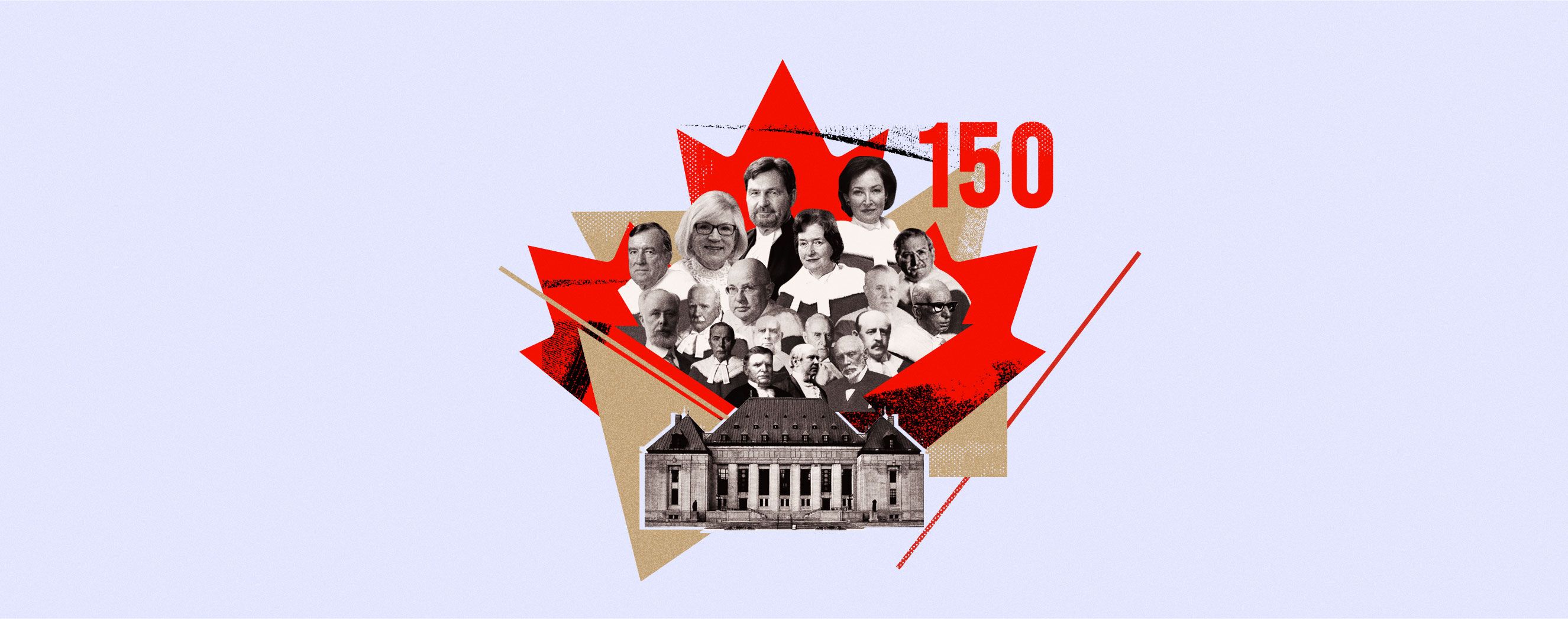 A graphic of justices of the Supreme Court of Canada superimposed over a maple leaf