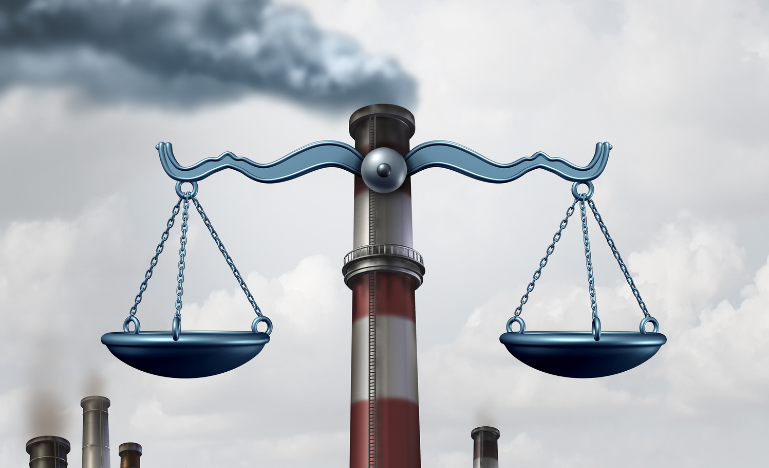 The scales of justice on a smokestack