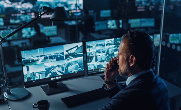 A man works on a computer with surveillance video
