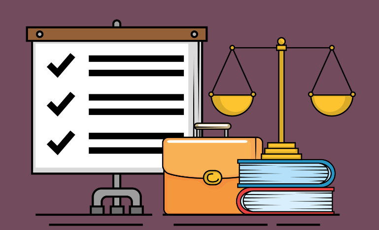 A briefcase, pile of books and scales of justice