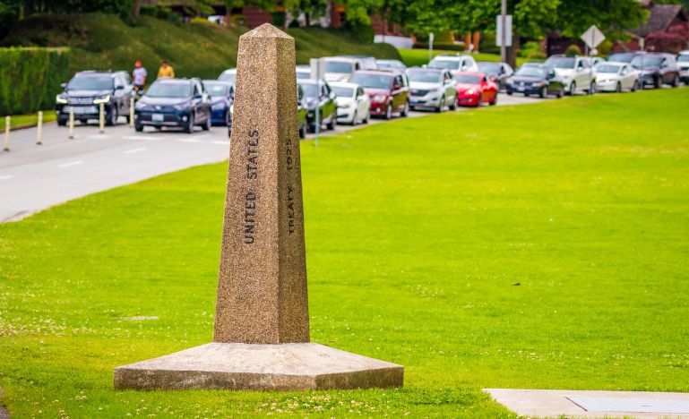 Boundary marker at the Canada-US border in Surrey, B.C.