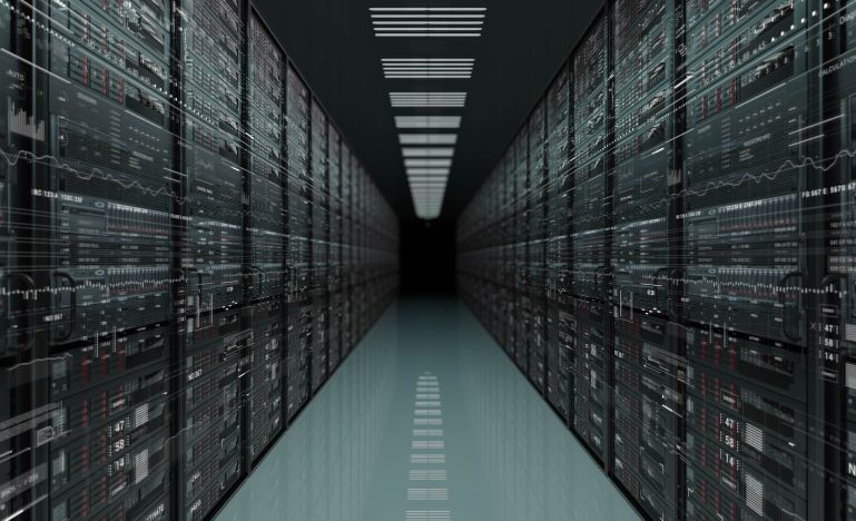 Rows of servers line a data centre hallway