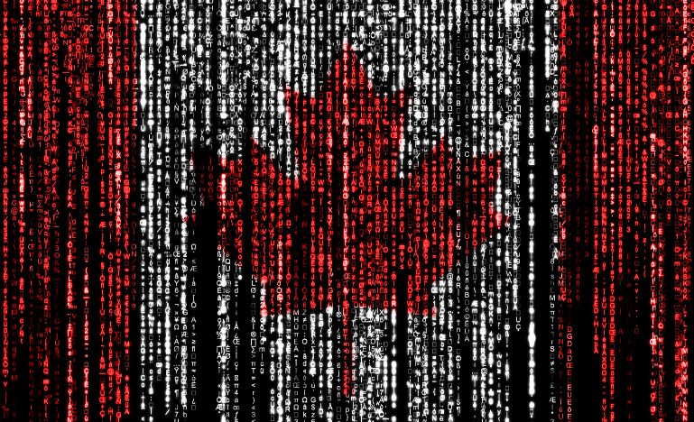 A Canadian flag made out of binary code
