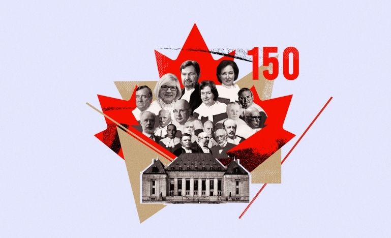 A graphic of justices of the Supreme Court of Canada superimposed over a maple leaf