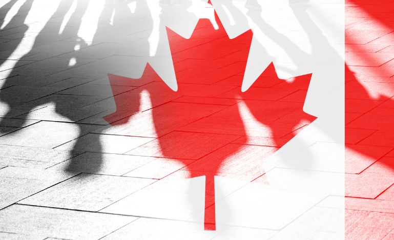 A Canadian flag superimposed over shadows of people