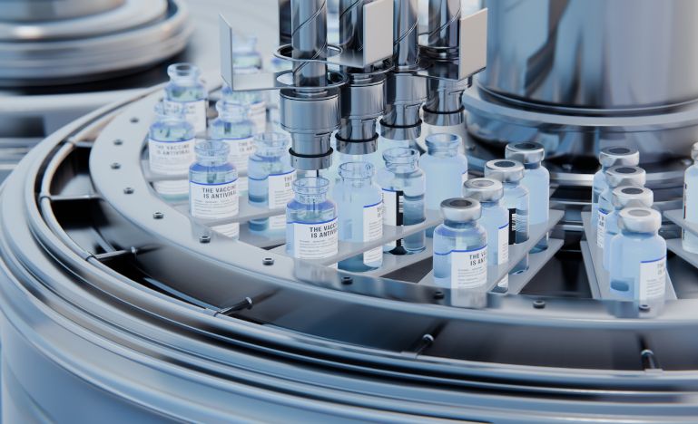 Vaccine vials on a pharmaceutical production line