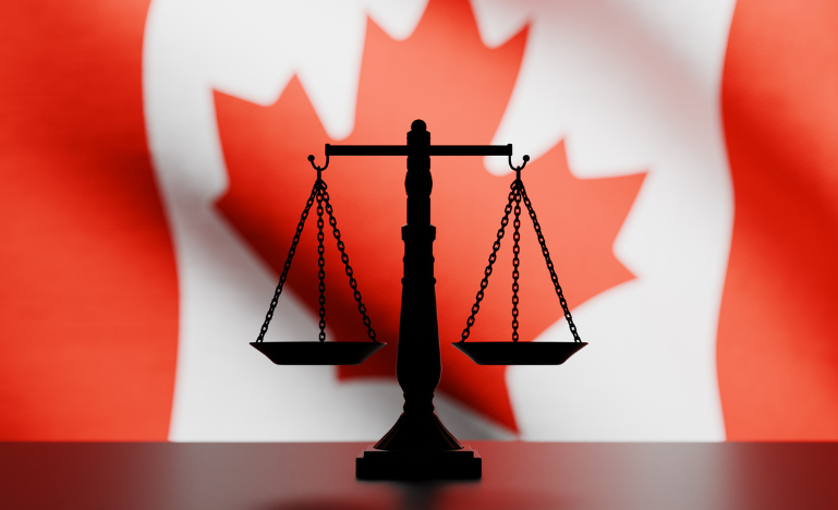 Canadian flag and scales of justice