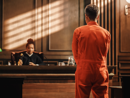 A prisoner stands before a judge in bail court