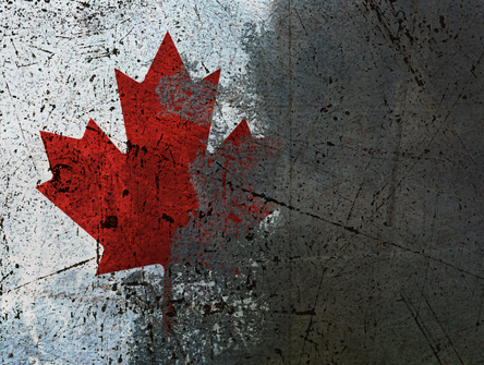 A partly shaded maple leaf on a Canadian flag