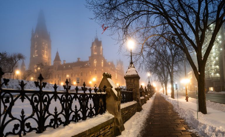Parliament Hill on a foggy evening.