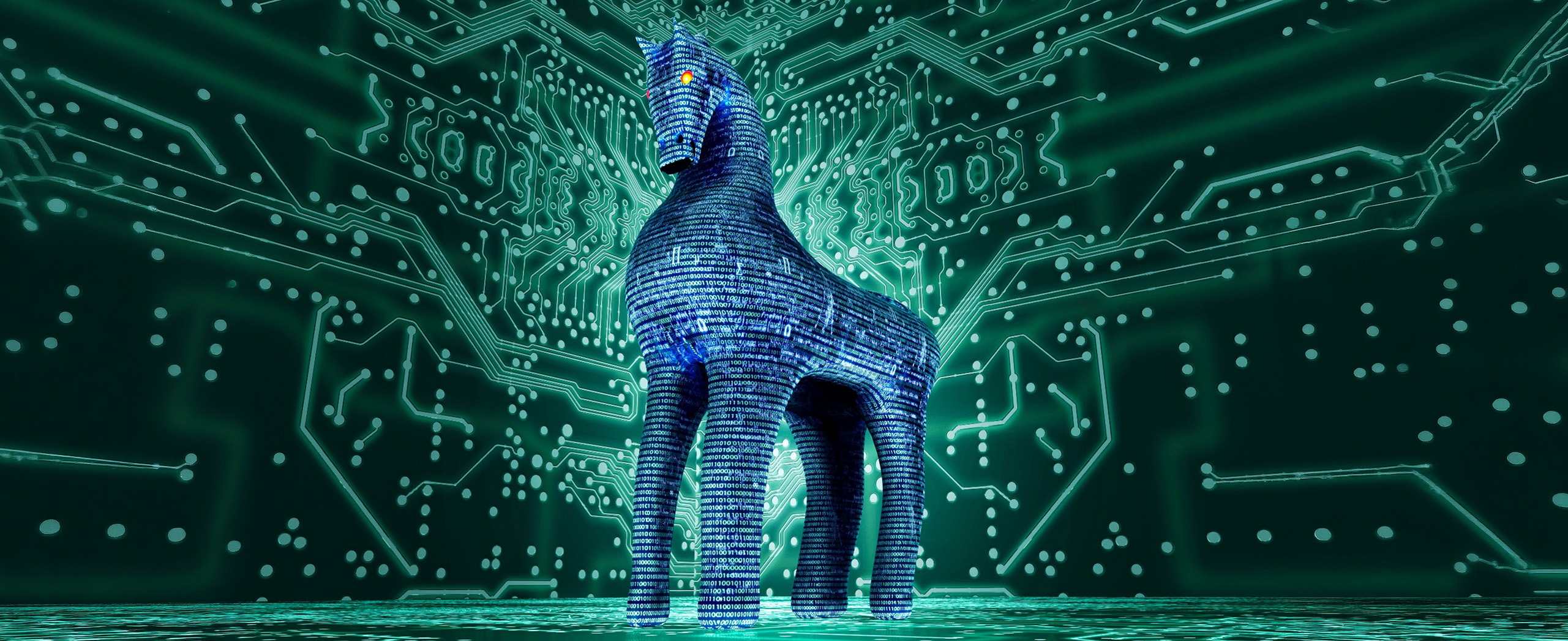 A digital Trojan horse surronded by computer code