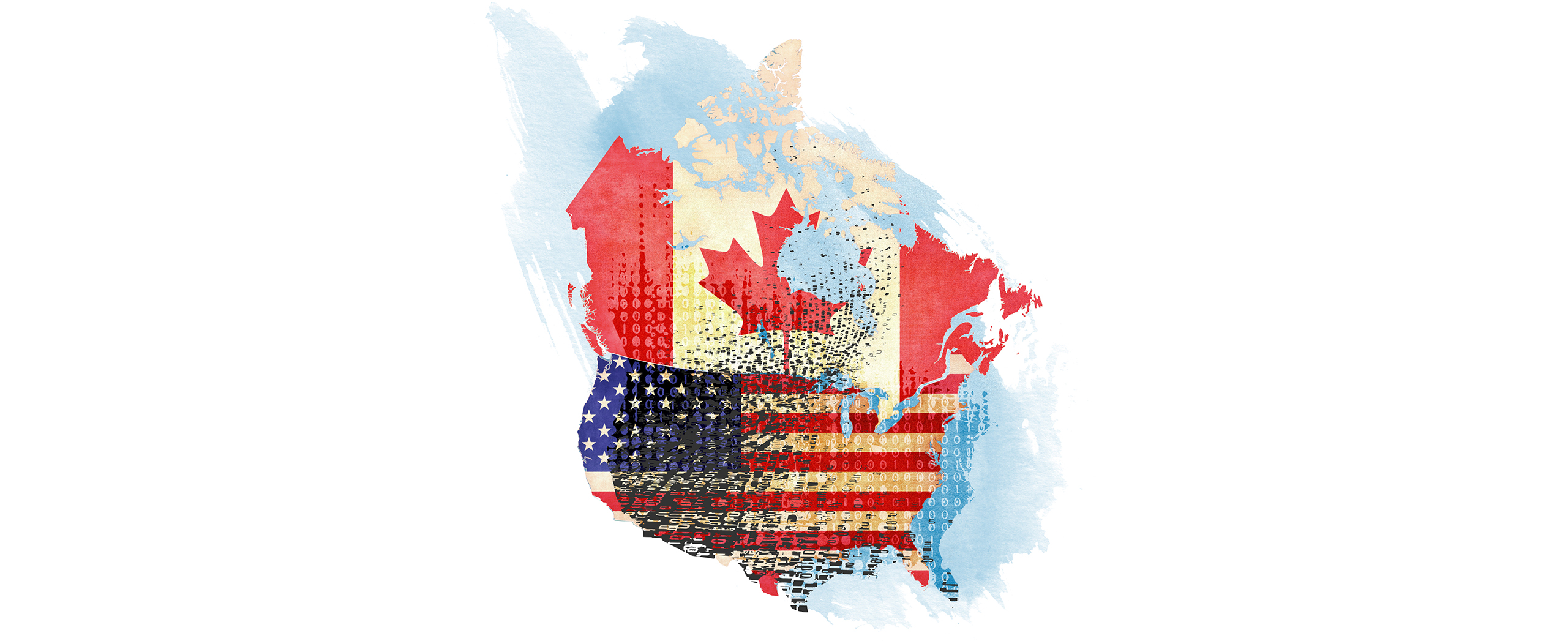 Artistic map of North America with Canada's flag overlaying Canada and the U.S. flag overlaying the U.S., both depicted through digital code patterns.