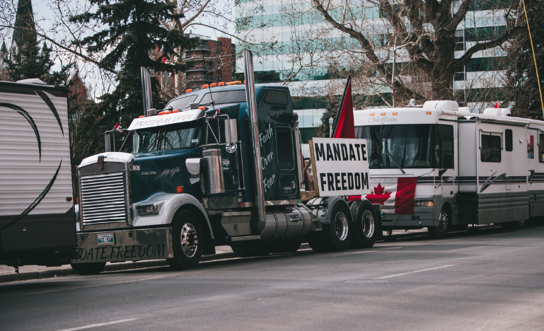 Trucks and trailers line downtown streets during the so-called 'Freedom Rally' 