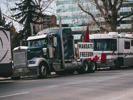 Trucks and trailers line downtown streets during the so-called 'Freedom Rally' 