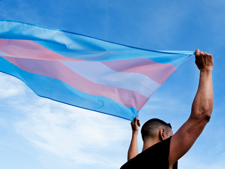 A man holds a transgender pride flag over his head